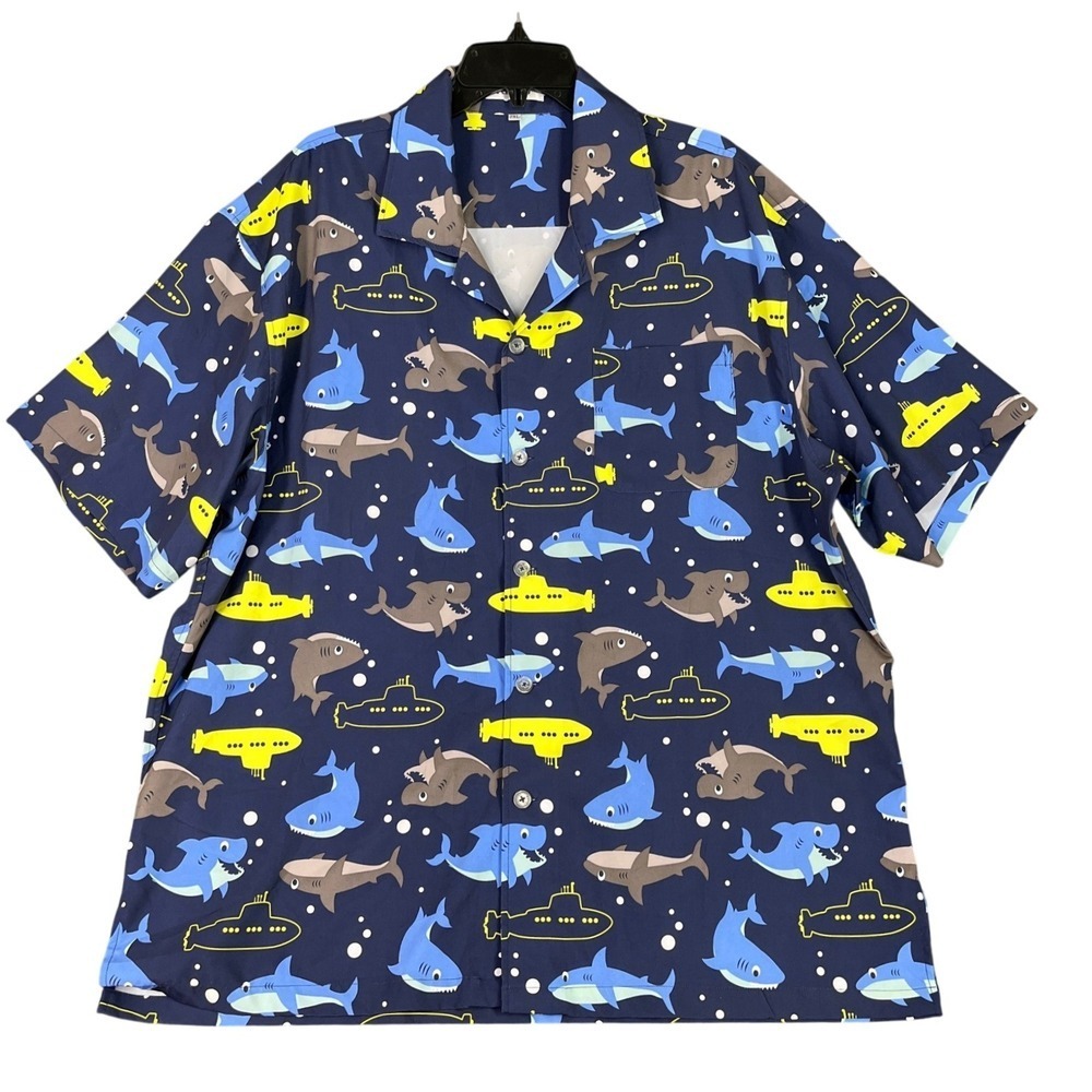 Aptro Mens 2XL Novelty‎ Shark Submarine Stretch Short Sleeve Button Up Shirt